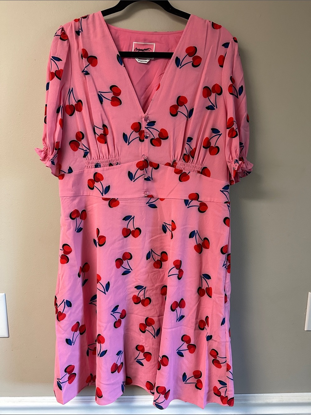 Kate Spade Cherry Toss Dress 14 Pink Cherry Print Puff Sleeve Mini NWOT
